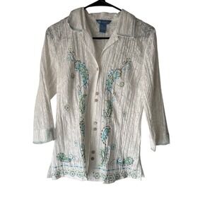 Koret Vintage Y2k‎ Medium White Paisley Sheer Embroidered Top Coastal Cowgirl